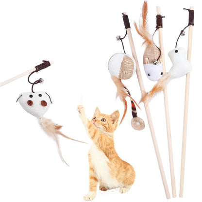 Cat Teasing Stick Feather Toys Handheld Interactive Cat Wand Kitten Playing Wood Rod Braid Rope Pet Cat Toys Rat With Bell