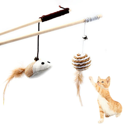 Cat Teasing Stick Feather Toys Handheld Interactive Cat Wand Kitten Playing Wood Rod Braid Rope Pet Cat Toys Rat With Bell