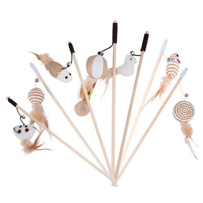 Cat Teasing Stick Feather Toys Handheld Interactive Cat Wand Kitten Playing Wood Rod Braid Rope Pet Cat Toys Rat With Bell