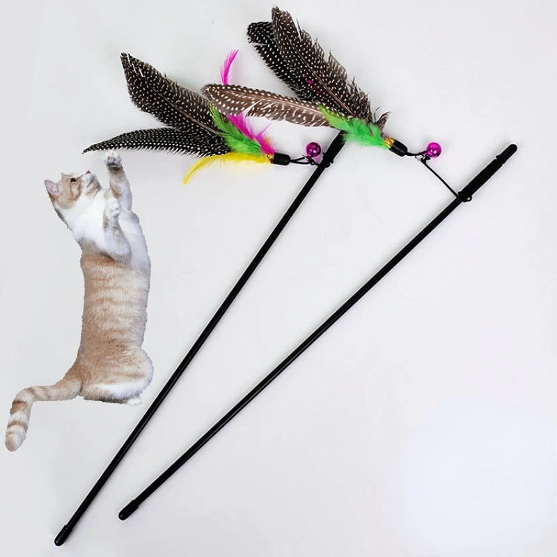 Great Kitten Play Interactive Fun Toy Cat Teaser Wand Rod with Bell Colorful Feather Cats Toys Outdoor Garden Cat Supplies