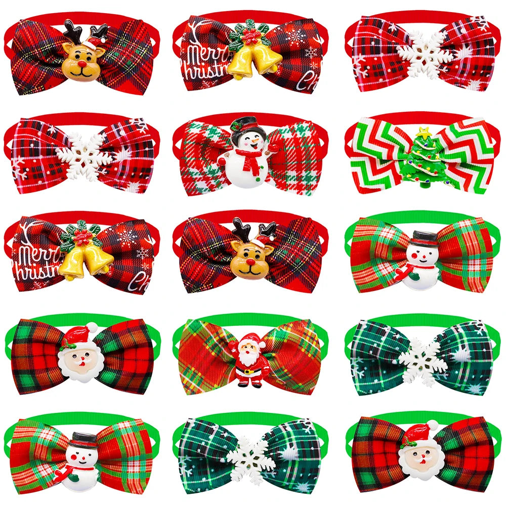 10PCS Christmas Pets Dogs Cat Bowties Adjustable Dog Collar Red Green Decorate Doggy Xmas Supplies for Small Dog Accessories