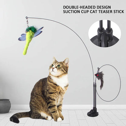 Funny Cat Toys Double Headed Suction Cup Cat Teaser Stick Removable Handheld Cat Interactive Toy Mouse Feather Bell Pet Supplies