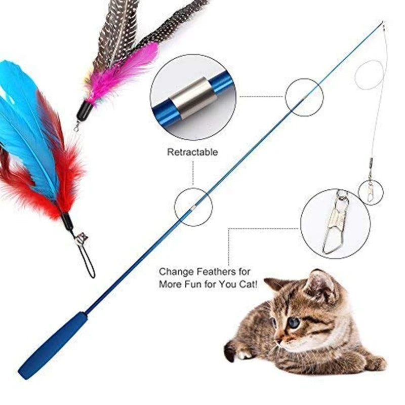 Cat Teaser Wands Three-section Telescopic Fishing Pole Wand Kitten Funny Catcher Teaser Stick Rod Interactive Stick Teaser Toys