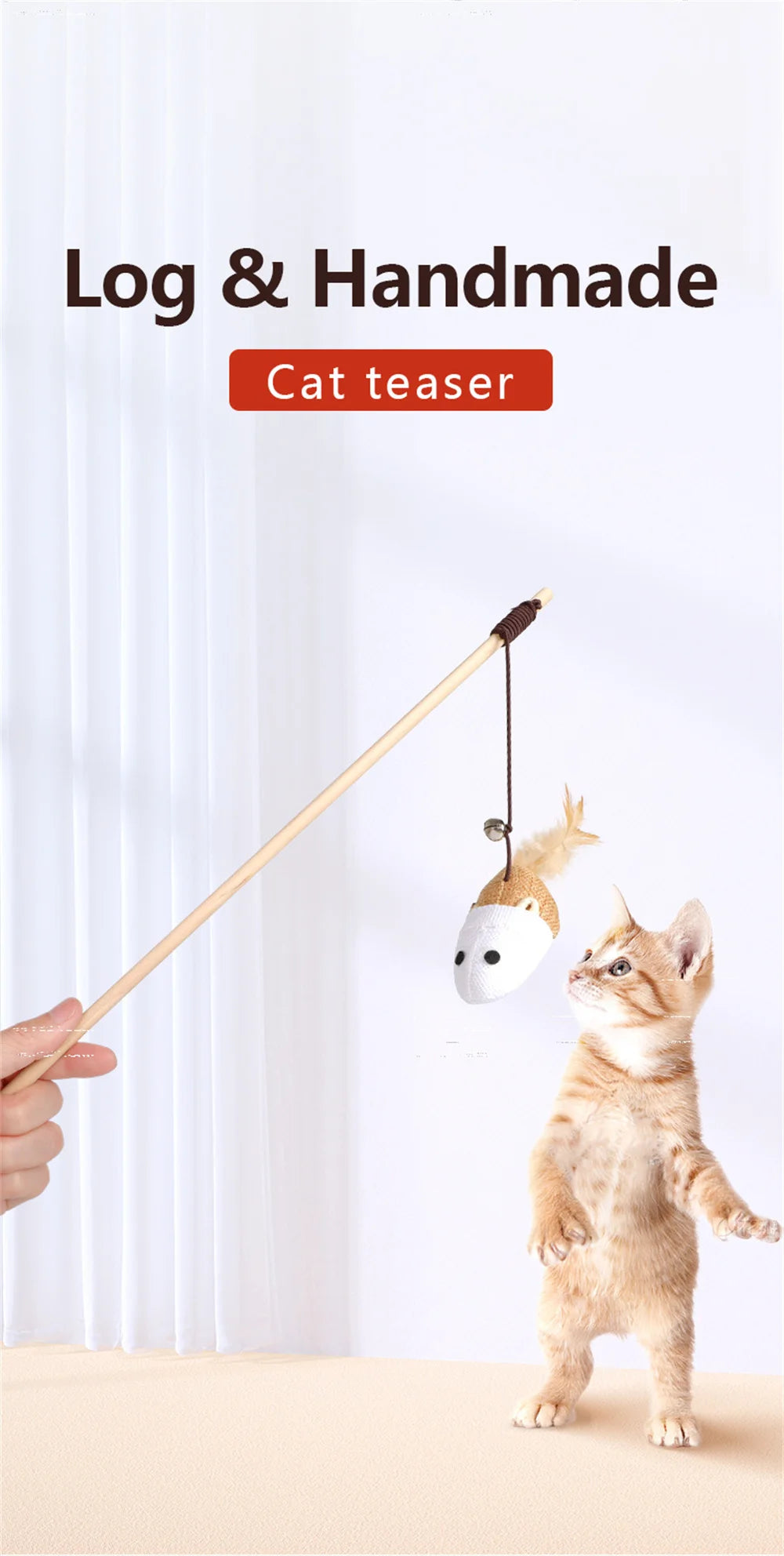 Cat Teasing Stick Feather Toys Handheld Interactive Cat Wand Kitten Playing Wood Rod Braid Rope Pet Cat Toys Rat With Bell