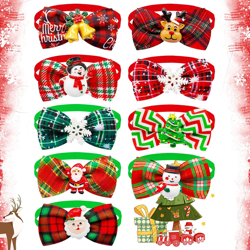 10PCS Christmas Pets Dogs Cat Bowties Adjustable Dog Collar Red Green Decorate Doggy Xmas Supplies for Small Dog Accessories