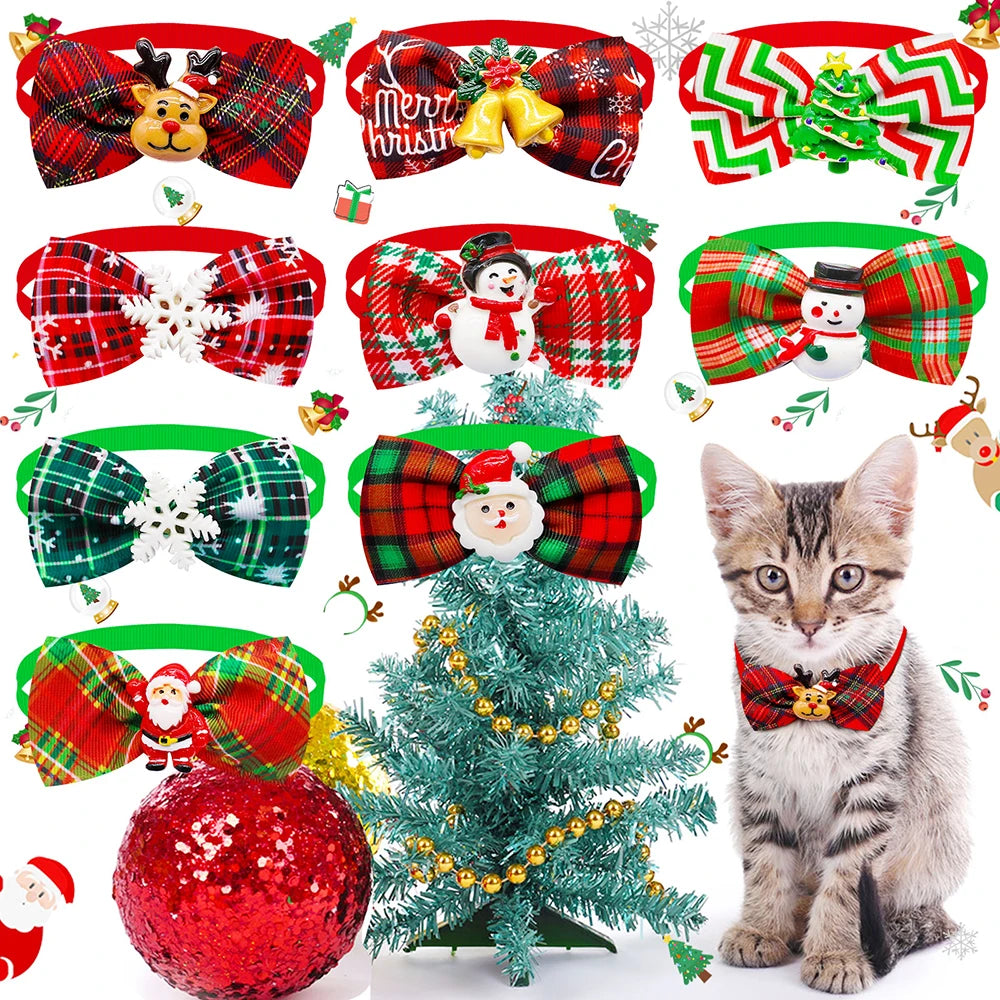 10PCS Christmas Pets Dogs Cat Bowties Adjustable Dog Collar Red Green Decorate Doggy Xmas Supplies for Small Dog Accessories