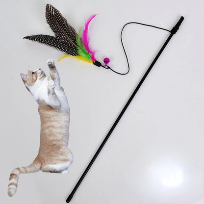 Great Kitten Play Interactive Fun Toy Cat Teaser Wand Rod with Bell Colorful Feather Cats Toys Outdoor Garden Cat Supplies