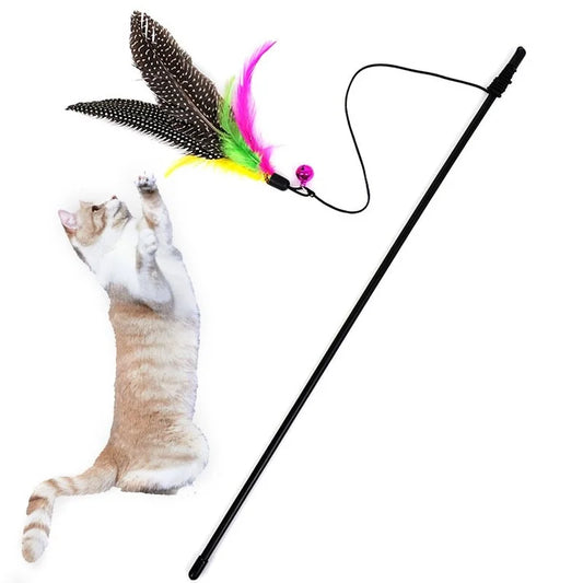 Great Kitten Play Interactive Fun Toy Cat Teaser Wand Rod with Bell Colorful Feather Cats Toys Outdoor Garden Cat Supplies