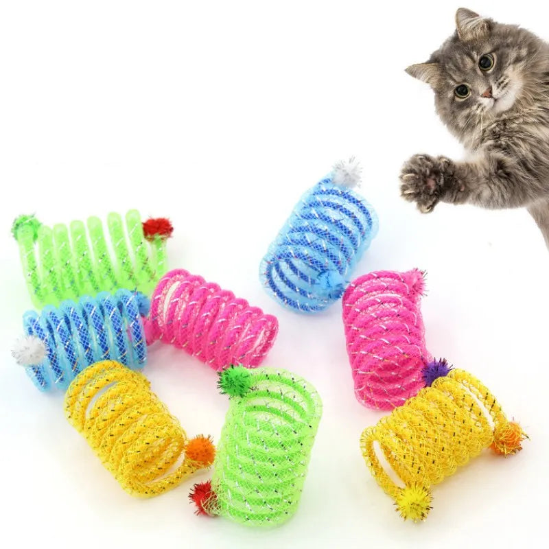 Cat Toys Colorful Spring Cats Stick Interactive Cat Toy Bite Resistant Elastic Wool Ball Spring Toys for Cats Tease Pet Supplies