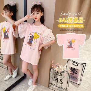 (image for) Summer Girls' Fashionable Puppy Print T-Shirt Dress 2022 New Medium and Large Children's Korean Style Lace Sleeves Cute Short Sleeves 1